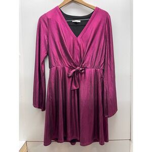 Cato Magenta Metallic Shimmer V-Neck Tie Front Fit & Flare Mini Dress Womens M